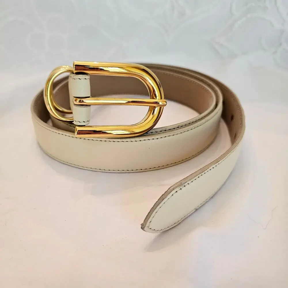 Talbots XXL Cream Leather Belt Made Italy Gold Buckle Vintage Style 6100